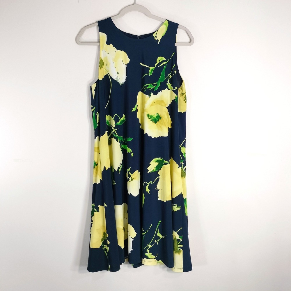 Anne Klein Navy Blue Floral Dress; Sleeveless Shift A-Line Mini